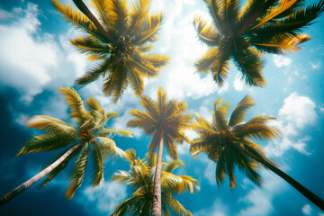 Perspective view, low angle view looking up to Coconut palm trees. - obrazy, fototapety, plakaty