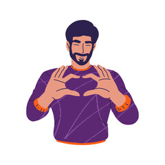 Bearded Man Make a Heart Sign, Flat Style Illustration