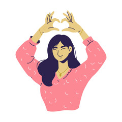 Smiling Woman Make a Heart Sign, Flat Style Illustration