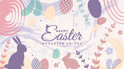 Easter Celebrations Banner: Contemporary Easter design, hand-painted strokes and dots, alongside Easter eggs and bunny ears. Embraces a modern minimalistic style, suitable for horizontal posters.