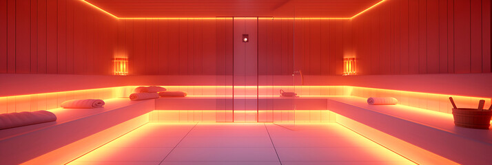 Interior of infrared sauna and spa concept. Banner. - obrazy, fototapety, plakaty