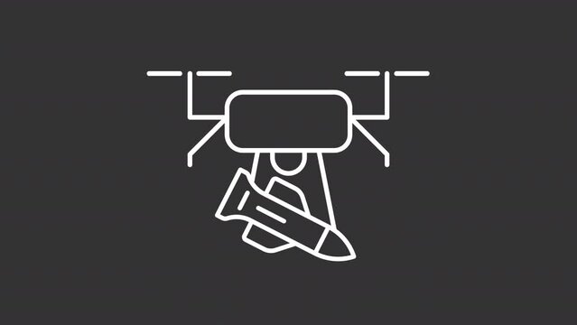 Animated drone delivers white icons. Future transport innovation line animation library. Logistic advancement. Isolated illustration on dark background. Transition alpha. HD video. Icon pack