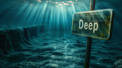 Deep concept image with sign at bottom on sea water
