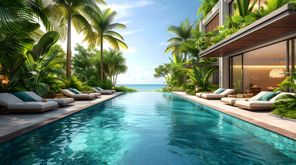 Obraz premium A large swimming pool surrounded by lounge chairs, umbrellas, and tropical plants.
