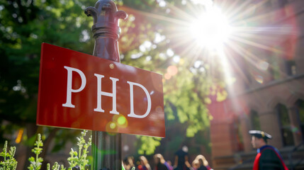 PHD concept image with PHD sign and PHD graduate students in background