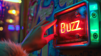 Buzz concept image with person hand touching a big buzzer button with written Buzz word - Powered by Adobe