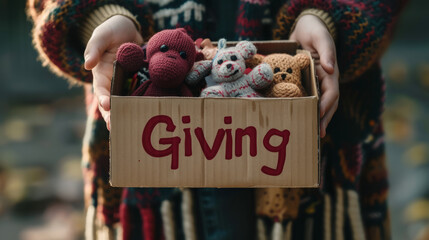 Giving concept image with girl giving her old toys for charity