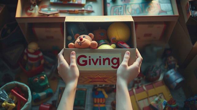 Giving concept image with girl giving her old toys for charity