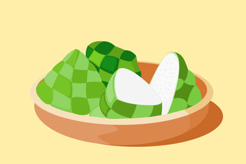 Illustration of Traditional Indonesian Rice Cake (Ketupat) in Brown Bowl with flat design style