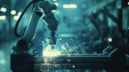 AI robot arm welding in a factory, assembling a car - obrazy, fototapety, plakaty