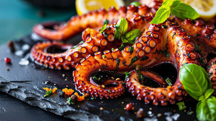 Close up of delicious octopus tentacles with basil and garlic. On a black stone plate