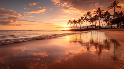 A breathtaking sunset view at a tropical beach, with waves gently lapping at the shore and palm trees reflecting on the wet sand. 