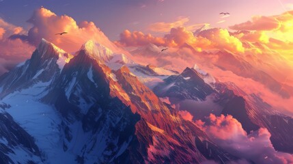 The last light of day bathes snow-capped mountains in a warm glow, with clouds and birds adrift in the vibrant sunset sky. 