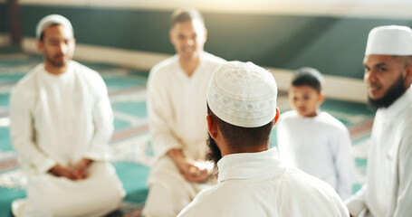 Islam, discussion and group of men in mosque with child, mindfulness and faith gratitude. Worship,...