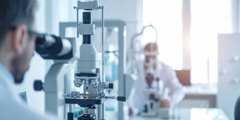 doctor at a optical clinic with futuristic ophthalmoscope equipment performing eye test and vision cure research