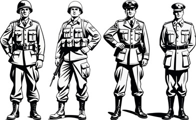 Fototapeta premium Set of military silhouettes, army soldiers, officers, man in military uniform