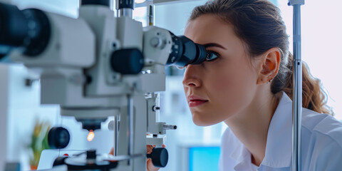 doctor at a optical clinic with futuristic ophthalmoscope equipment performing eye test and vision cure research