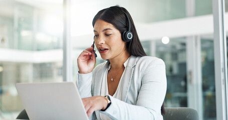Business woman, call center consultant and laptop for customer service, support or advice in office. Professional Mexican advisor or happy agent in headphones for contact us or e commerce on computer - obrazy, fototapety, plakaty
