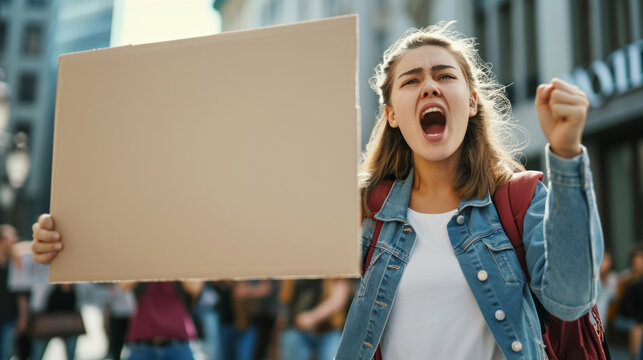 Female activist angry shouting for her cause among people demonstration protester