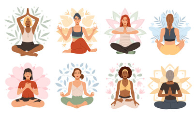 Happy meditate women. Yoga lotus position, sitting in asana, relaxed ladies, different auras elements, mandala leaves and flowers, peaceful cartoon flat style isolated tidy vector set