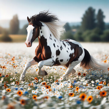 Caballo caf&eacute; con blanco corriendo por un campo de flores