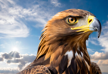 Retrato de perfil de águila real con cielo azul de fondo - obrazy, fototapety, plakaty
