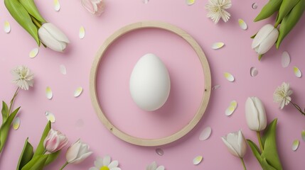 white egg in a wooden ring, fresh white tulips with green stems. Delicate white flower petals...