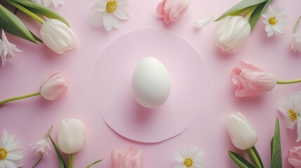white egg in a wooden ring, fresh white tulips with green stems. Delicate white flower petals scattered on a soft pink background, suitable for seasonal designs, Easter themes and projects