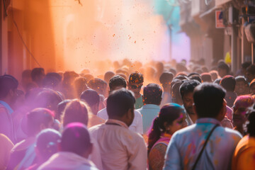 "Happy Holi" crowds of people are in the background with colorful powder, day sun light indian pop culture
