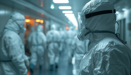 Obraz premium A team of doctors dressed in protective clothing during an epidemic. Security, medicine and healthcare concept