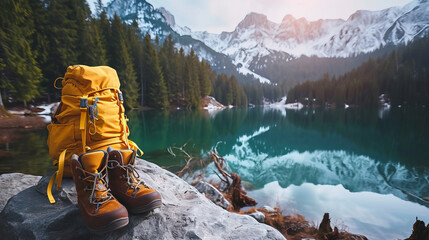 Backpack on the mountain and lake background. Scenic nature on mountain nobody, travel photo, selective focus