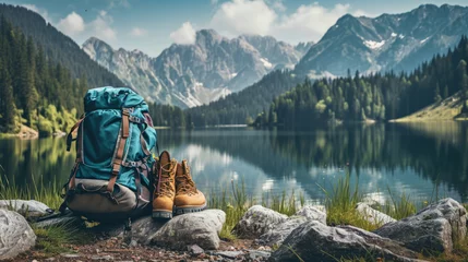  Backpack on the mountain and lake background. Scenic nature on mountain nobody, travel photo, selective focus © standret