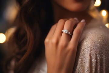 Photo of the ring finger with a luxurious engagement ring, with the girl's glowing face softly blurred - obrazy, fototapety, plakaty