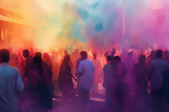 "Happy Holi" Crowds of people are in the background with colorful powder