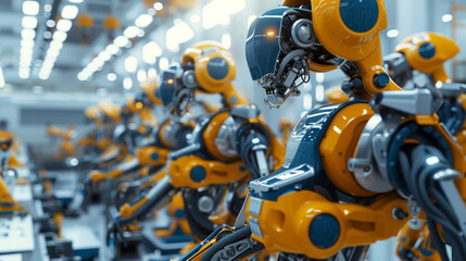 Fototapeta premium Many identical AI robots sitting at desk in the office and working with computers, one robot is looking at camera: artificial intelligence and robotization effects on employment