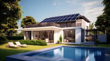 Solar panels installed on the roof of a house. Renewable energy concept. Sustainable and clean energy at home. 3d rendering of modern cozy house for sale or rent with beautiful background