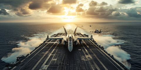 panoramic view of a generic military aircraft carrier ship with fighter jets take off during a...