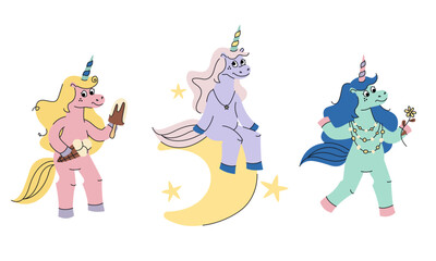 Unicorn in different poses. Fairytale character in doodle style.
