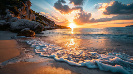 photo of a sunrise on beach - obrazy, fototapety, plakaty