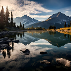 Serene mountain lake with reflections.