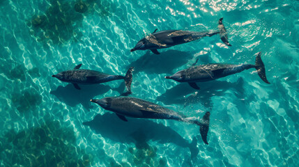 Photo of four dolphins swimming gracefully through turquoise waters