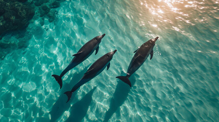Photo of four dolphins swimming gracefully through turquoise waters
