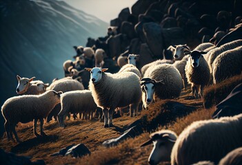 Sheep in Mountains, Farming, Herding Flock of Lambs Grazing Hill, Shepherd Domestic Animals, Pastoral View. Generative AI - obrazy, fototapety, plakaty