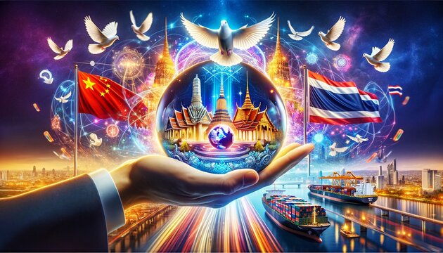 2024 Vision of Global Unity: A Businessman's Glimpse into USA-China Collaboration in Thailand, Symbolized by Landmark in Glass Ball and Peace Doves" - This title encapsulates the main elements of the 