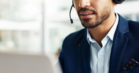 Laptop, mouth and business man in call center with headset for customer support or service closeup....