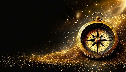 golden compass on black background - obrazy, fototapety, plakaty