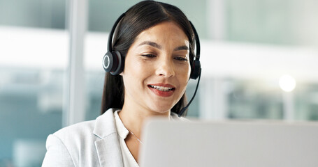 Business woman, consultant and call center on computer in customer service, support or advice in...