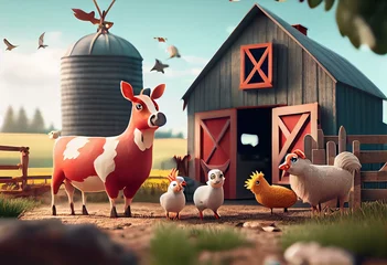 Tuinposter Farm Scene With Cartoon Animals. Generative AI © Elina