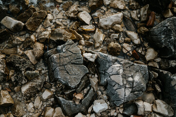 Sea stones. Smoothed and shaped rocks on sea shore. Croatia coast, sea and meditierranean beach pebbles in water.