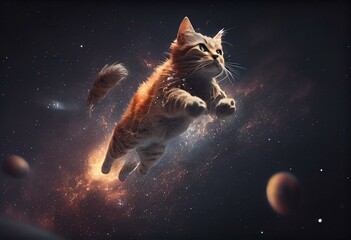 Cat Flies in Space. Generative AI